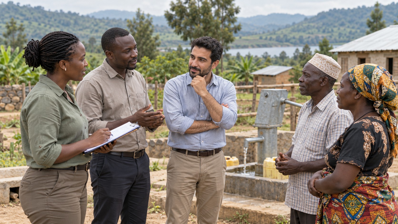 Illustrative scene: advisers consulting community representatives during a field visit
