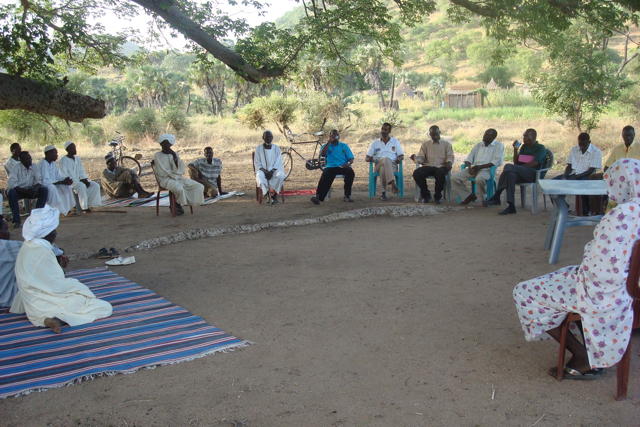 Community members meeting outdoors beneath a tree